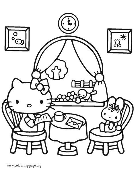 Look! Hello Kitty is having lunch with her friend at a beautiful restaurant. Have fun with this free printable Hello Kitty coloring page! Hello Kitty Desenho, Hello Kitty Coloring Pages, Decoracion Hello Kitty, Kitty Coloring Pages, Tapeta Hello Kitty, Tapeta Z Hello Kitty, Hello Kitty Imagenes, Hello Kitty Colouring Pages, Images Hello Kitty