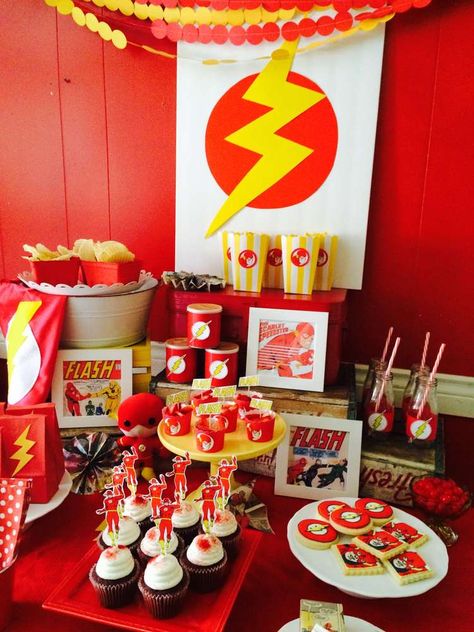 Flash birthday party snacks and treats! See more party ideas at CatchMyParty.com! Flash Superhero Birthday Party, The Flash Themed Birthday Party, Flash Themed Birthday Party, The Flash Party Ideas, The Flash Birthday Party Ideas, Flash Party Ideas, Flash Birthday Party Ideas, The Flash Birthday Party, Flash Birthday Party