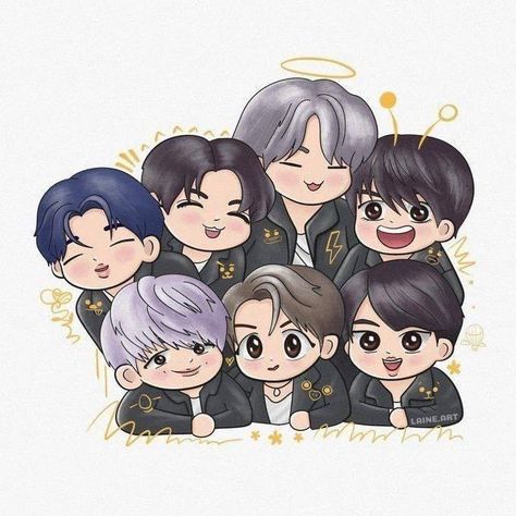 Bts Cartoon Pic, Bts Cartoon Art, Ot7 Chibi, Bts Drawing Ideas, Bts Chibi Ot7, Bangtan Chibi, Glitter Pens Art, Bts Cartoon, Oppo Watch