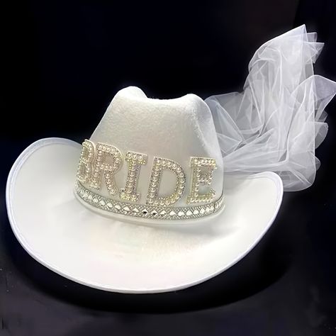 Elegant White Bridal Cowboy Hat Veil Rhinestone 'bride' - Temu Australia Western Fancy Dress, Bride Cowgirl Hat, Bridal Party Hats, Pearl Bridal Shower, Bachelorette Party Hat, White Cowboy Hat, Hat With Veil, Western Themed Wedding, Cowgirl Wedding