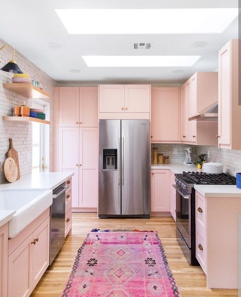 Diy Shaker Door, Pink Kitchen Cabinets, Pink Cabinets, Oak Floating Shelves, Galley Kitchens, Barnwood Wall, Retro Renovation, Eclectic Kitchen, Orange Kitchen