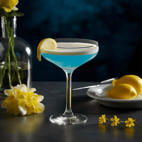 Blue Lady Cocktail Recipe - The Blue Lady cocktail offers a harmonious blend of sweet and sour with a creamy texture. The citrus tang from the lemon juice is perfectly balanced by the sweetness of the blue curaçao, while the gin provides a complex botanical backdrop. The egg white adds a smooth, frothy finish that rounds out the drink. Blue And Yellow Drinks, Blue Lady Cocktail, Blue Gin Cocktail, Blue Curacao Cocktails, Botanical Backdrop, Blue Hawaii Cocktail, Brandy Sour, Gin Drink Recipes, Bees Knees Cocktail