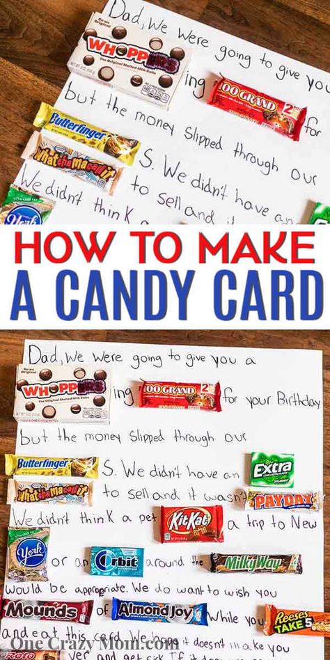 Learn how to make a Candy Card for birthdays, special occasions and more. This diy candy bar card is so fun and really tasty too! Candy card ideas are perfect for dad, for friends and for kids. #onecrazymom #candycard Candy Bar Birthday Cards Poster Ideas, Funny Candy Bar Posters, Birthday Candy Card Ideas, Candy Bar Signs For Birthday, Candy Bar Posters For Birthday, Candy Cards For Birthday, Candy Bar Birthday Card, Candy Card Ideas, Candy Board Ideas