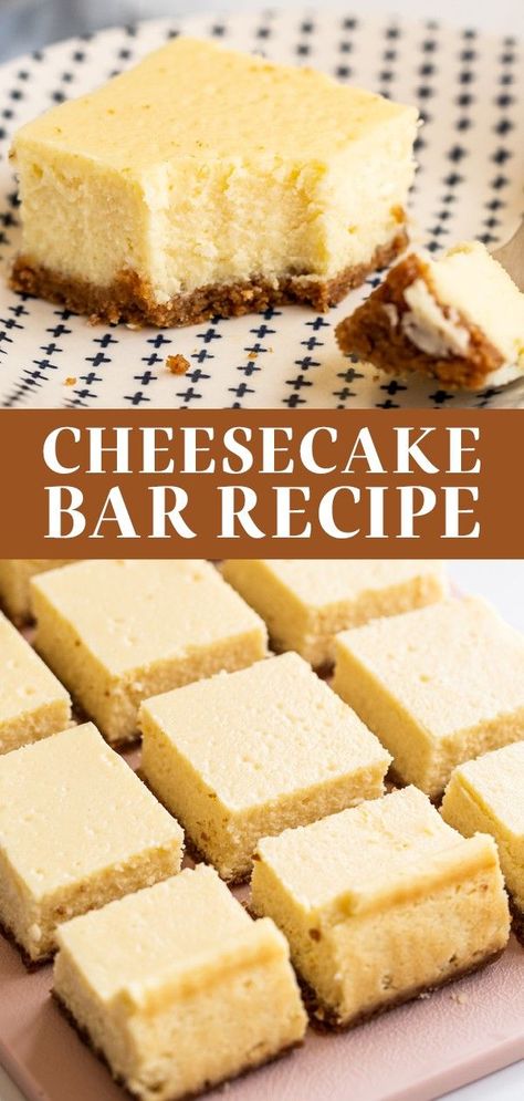 The absolute best classic Cheesecake Bars you'll ever eat! This recipe features an easy buttery graham cracker crust with an ultra creamy and slightly tangy homemade cheesecake filling. Top with chocolate ganache or salted caramel to take this dessert to a whole other level! #cheesecake #cheesecakebars Rectangle Cheesecake, Cheesecake Bars For A Crowd, Cheesecake Recipes In 9 X 13 Pan, No Bake Cheesecake Bars 9x13, Homemade Cheesecake Filling, Cheesecake Bars 9x13, Easy Cheesecake Bars, 7” Cheesecake Recipe, Cheesecake Bars Recipes Easy