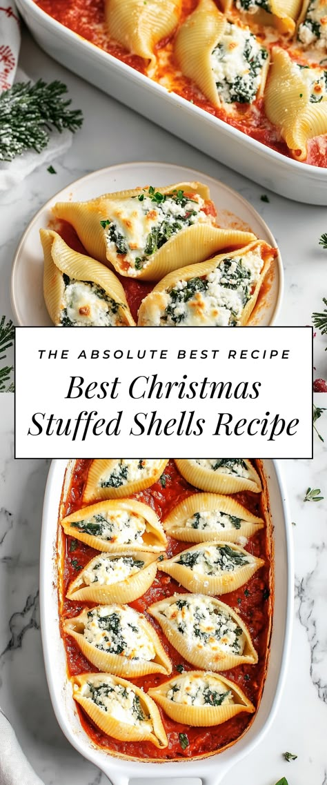 Image for Best Christmas Stuffed Shells Recipe The Best Stuffed Shells Recipe, Stuffed Shells Recipe Healthy, Christmas Dish Ideas Easy Recipes, Festive Food Christmas, Dishes To Make For New Years, Quick And Easy Stuffed Shells, Holiday Lasagna Recipe, Holiday Party Entrees, Christmas Stuffed Shells