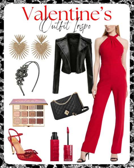 Red jumpsuit, Crystal headband, red lip gloss, red shoes, gold earrings, black quilted Crossbody purse, eyeshadow palette Red Jumpsuit Outfit Night, Date Night Outfit Red, Red Jumpsuits Outfit, Outfit Date Night, Valentines Outfit, Easy Chic, Outfit Red, Valentines Inspiration, Halter Jumpsuit