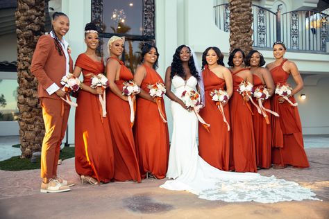 Burnt Orange Bridesmaids dress, black women fall wedding Orange Bridesmaids Dress, Orange Bridesmaids, Burnt Orange Bridesmaid Dresses, Dress Black Women, Orange Bridesmaid, Orange Bridesmaid Dresses, Bridesmaids Dress, We Did It, Burnt Orange