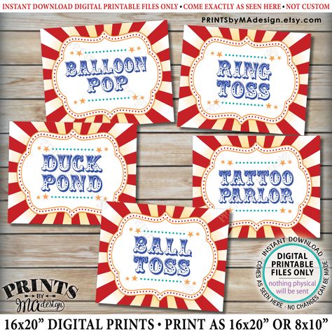 Carnival Games Signs, Carnival Theme Party, Ring Toss Ball Balloon Pop, Tattoo Parlor, Duck Pond, Circus, PRINTABLE 8x10/16x20” Signs <ID> Carnival Game Signs, Carnival Activities, Carnival Theme Party, Carnival Signs, Carnival Booths, Theme Carnaval, Pvc Frame, Diy Carnival, Sack Race