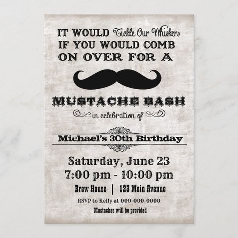 Mustache Bash Birthday Party Invitation Invitation Sizes, Birthday Party Invitation, 30th Birthday, Birthday Party Invitations, Birthday Invitations, Comb, Party Invitations, Birthday Parties, Age Group