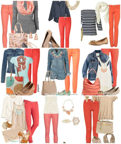 coral jeans Coral Pants Outfit Fall, Salmon Jeans Outfit, Salmon Color Pants Outfit, Coral Outfit Ideas Color Combos, Coral Trousers Outfit, Outfits With Coral Pants, Peach Pants Outfit Work, How To Wear Orange Pants, Coral Pants Outfit Work