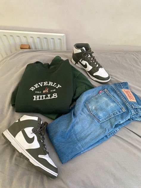 Green Khaki Dunk High Levis’ 506 Plain Forest Green Tee Beverly Hills Crewneck Spartan Green Dunks Outfit Men, Vintage Green Dunks Outfit, Green Mid-top Skate Shoes For Streetwear, Green Crew Neck T-shirt For Streetwear, Dunks Vintage Green, Levis 506, Outfit Suit, Retro Clothes, Green Tee