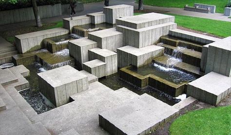 Freeway Park, Seattle, Washington by Lawrence Halprin, 1976 Lawrence Halprin, Waterscape Design, Urban Landscape Design, Public Space Design, Architecture Concept Diagram, Landscape Elements, Landscape Architecture Design, Urban Furniture, Street Furniture