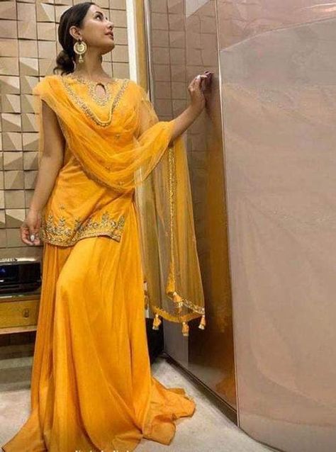 Sharara Designs, Haldi Outfits, Diwali Outfits, Mehendi Outfits, Hina Khan, Indian Designer Suits, Sharara Suit, Salwar Kamiz, Orange Outfit