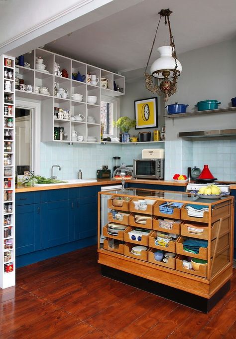 Repurposed haberdashery cabinet turned into a stunning kitchen island [From: Alison Hammond Photography] Kitchen Cookbook Storage, Farmhouse Kitchen Cabinet Decor, Eclectic Kitchen Design, Eclectic Industrial, Beautiful Kitchen Designs, London Kitchen, Space Saving Kitchen, Kitchen Organization Diy, Eclectic Kitchen