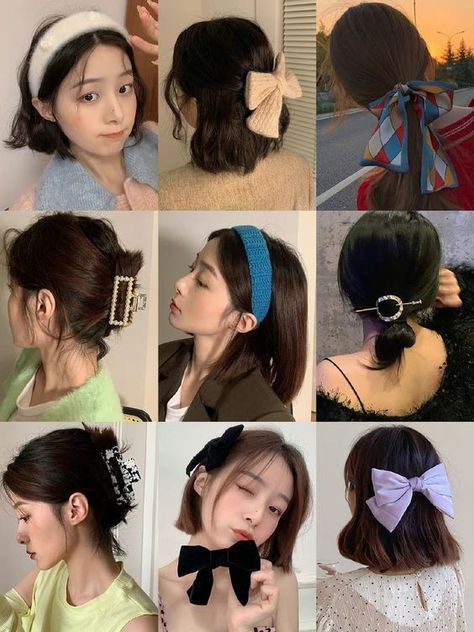 Hair Clips For Short Hair Accessories, Hair Accessories For Short Hair Bobs, Ponytails Hairstyles For Short Hair, Headband Aesthetic, Korean Short Hair, Hair Style Korea, Kawaii Hairstyles, Hair Arrange, Hairdos For Short Hair