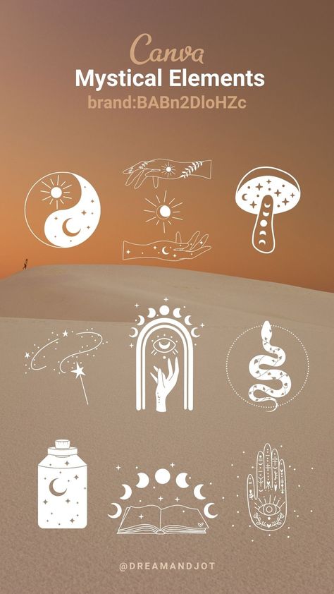 Over a desert scene background is the text Canva Mystical Elements brand:BABn2DIoHZc with 9 different spiritual graphics such as a yin yang symbol with a moon and sun in it, mystic hands with a sun in between them, starry mushroom, magical wand and stardust, an arch with moon phases above and a reaching hand below, serpent, jar of stars, open spell book with moon phases above, and a palmistry hand with evil eye in the center Spiritual Graphic Design, Canva Search Keywords, Spiritual Graphics, Canva Elements Ideas, Spiritual Branding, Canva Wallpaper, Canva Graphics, Mystical Elements, Spiritual Design