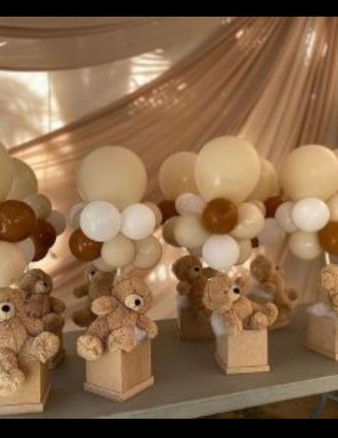 We Can Bearly Wait Baby Shower Theme Centerpieces Diy, Bear Gender Reveal Centerpieces, Gender Reveal Bear Table Decor, Teddy Bear Table Centerpieces Balloons, Teddy Bear Baby Shower Balloon Centerpiece, Brown Teddy Bear Baby Shower Theme Table, Bear Baby Shower Theme, Diy Centerpieces, Baby Bear Baby Shower