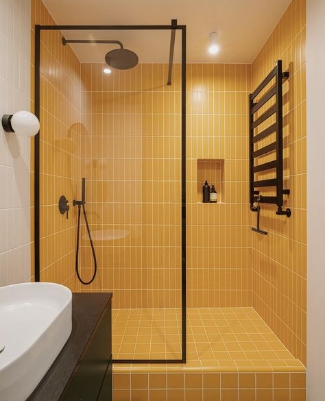 Yellow Shower Room, Yellow Grout Bathroom, Yellow Subway Tile Bathroom, Yellow Shower Tile, Yellow Tile Bathroom Ideas, Yellow Tile Bathroom, Yellow Bathroom Tiles, Yellow Stairs, Minimalist Bathroom Design