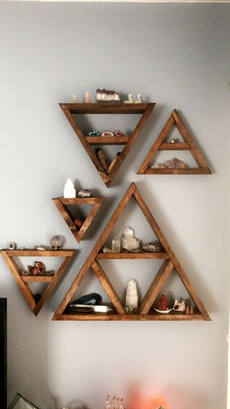 Decor Plants, Triangle Shelf, Crystal Shelves, Crystal Wall, Meditation Space, Shelf Design, Cheap Decor, Wooden Shelves, Cheap Home Decor