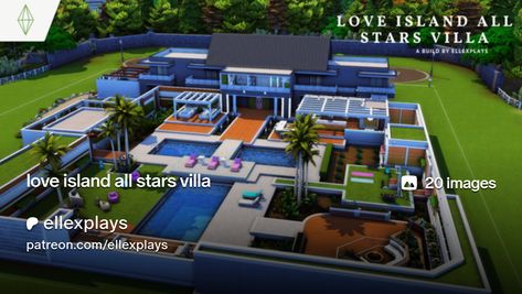 build made by ellaxplays check out her yt Sims 4 Love Island Villa Cc, Love Island Layout, Sims 4 Love Island Villa, Love Island Villa Layout, Love Island Sims 4, Sims 4 Love Island Cc, Sims 4 Love Island, Love Island Villa, Island Villa