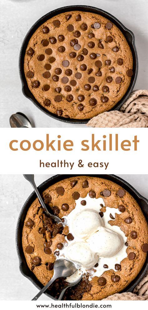 A rich and warm healthier gooey chocolate chip cookie skillet is a classic dessert that everyone loves. This chocolate chip skillet cookie is not only delicious, but it is also made from healthy ingredients like almond butter, whole wheat flour, and naturally sweetened with maple syrup. With zero refined or artificial sweeteners, enjoy this dairy-free giant cookie guilt-free! Healthy Cookie Skillet Recipe, Almond Flour Skillet Cookie, Protein Cookie Skillet, Protein Skillet Cookie, Healthy Skillet Cookie, Healthy Cookie Skillet, Healthy Cookie Cake, Healthy Pizookie, Chocolate Chip Cookie Skillet