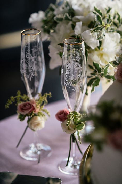 Wedding Reception Ideas | Bridal Table | Bride & Groom | Champagne Glasses | Wedding Toast | Wedding Reception Ideas | Photographer: Chris Bailey Photography Bride Groom Glasses, Toast Glasses Wedding, Champagne Glasses For Wedding, Bride And Groom Champagne Glasses Diy, Wedding Glasses For Bride And Groom, Rustic Wedding Toasting Glasses, Champagne Glass Wedding, Bride And Groom Champagne Glasses, Wedding Glasses Diy