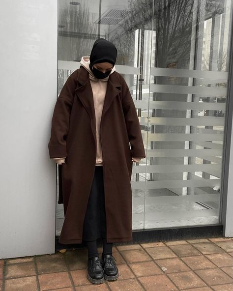 Brown Coat Outfit Hijab, Long Coat Outfit Hijab, Kimono Hijab Outfit, Long Brown Coat Outfit, Brown Coat Outfit, Long Brown Coat, Brown Kimono, Long Coat Outfit, Outfit Modest