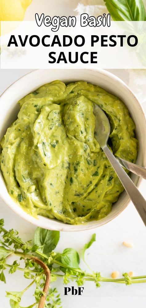 a bowl of avocado basil pesto sauce with text "vegan basil avocado pesto sauce" Vegan Pesto Sauce, Pesto Sauce Recipe, Basil Pesto Sauce, Spices Recipes, Avocado Dessert, Avocado Pesto, Vegan Parmesan Cheese, Vegan Pesto, Veggie Noodles