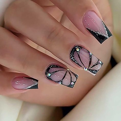 PRICES MAY VARY. 【Service Guarantee】If you have any questions about this medium press on nails with butterfly design, please feel free to contact us by Email. In case of transportation damage or quality problems, REPLACEMENT guarantee is provided. 【Eco-Friendly】Our french black fake nails are made of environmentally friendly ABS resin material, which is non-toxic, tasteless and environmentally friendly. 【Package Contents】24 PCS Press on Nails & A Nail File & Jelly Glue Stickers.(Durability of je Royal Blue With Black Lace Sticker For Acrylic Nails, Black Nails With Butterfly, 16th Birthday Nails Sweet 16, Nail Art Designs For Wedding, Camo Acrylic Nails, Black Purple Nails, Biker Nails, Crismas Nails, Scorpio Nails Designs