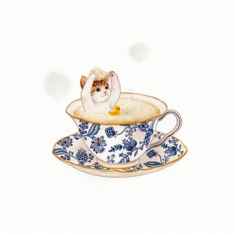 Ofuro Animals Watercolor, 강아지 그림, Söt Katt, Color Blind, Tea Art, Cats Illustration, Cats Cute, Cat Painting, Illustration Artists