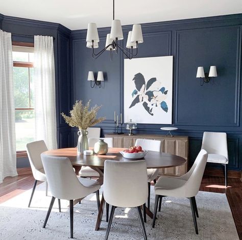 De Nimes Dining Room, Blue Feature Wall Dining Room, Blue Wall Dining Room, Dark Blue Dining Room With Wainscoting, Farrow And Ball De Nimes Dining Room, Walnut Dining Table Blue Chairs, Navy Dining Room Walls, Blue And Grey Dinning Table, Dark Blue Dining Room