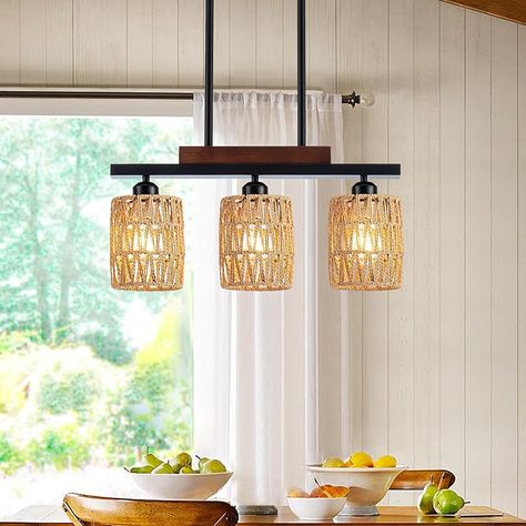 Lights Boho, Farmhouse Kitchen Island Lighting, Kitchen Light Fixtures, Boho Dining Room, Lighting Fixtures Kitchen Island, Dining Room Light Fixture, Hanging Lights Kitchen, Rattan Chandelier, Farmhouse Chandeliers