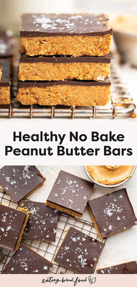 These no bake healthy peanut butter bars are made with 5 simple ingredients and super easy to whip up. No powdered sugar or butter needed!