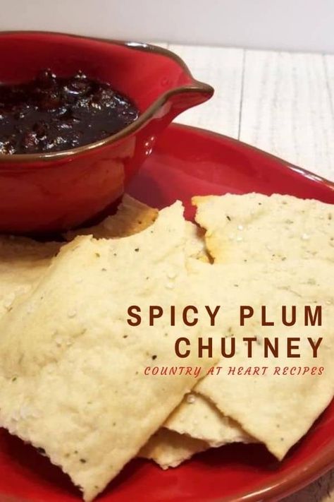 Spicy Plum Chutney is a fun addition to a Charcuterie board. It's a really yummy topping to go with goat cheese or just plain on a cracker.  #spicyplumchutney #purpleplums #chutney #condiments #sauces #purpleplums #figs #apples #charcuterieboard #countryatheartrecipeshttps://countryatheartrecipes.com/2020/09/spicy-plum-chutney/ Plum Chutney Recipes, Plum Sauce Recipe, Plum Chutney, Asian Sauces, Heart Recipes, Plum Sauce, Asian Sauce, A Charcuterie Board, Heart Food