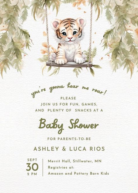 Tiger Roar, Free Baby Shower Invitations, Indian Baby Showers, Safari Invitations, 1st Birthday Invitation Template, Baby Shower Invitations Design, Custom Baby Shower Invitations, Baby Shower Deco, Greetings Island