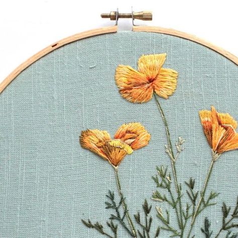 California Poppy Embroidery, Embroidery Poppies, Poppy Flower Embroidery, California Embroidery, Embroidery Poppy, Travel Embroidery, Embroidered Poppy, Poppy Embroidery, Handkerchief Embroidery