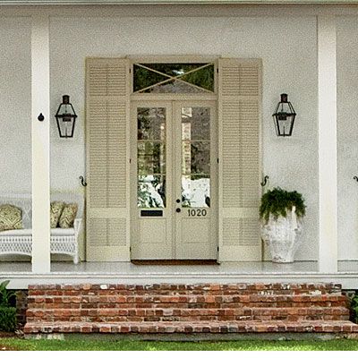 French Door Shutters, Farmhouse Entrance, Door Shutters, Farmhouse Style Exterior, Render Architecture, Louvered Shutters, Interior Window Shutters, Side Entrance, Door Farmhouse