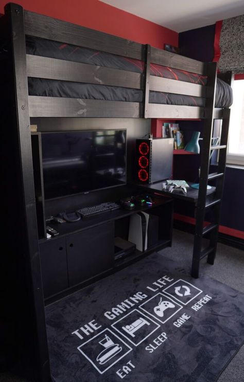 Gaming Bunk Bed Ideas, Cute Room Ideas For A Small Room, Gaming Under Loft Bed, Modern Loft Bed Gaming, Cool Gaming Bedroom, Bunk Bed Gaming Setup, Bunk Bed Game Room, Cool Gaming Bedroom Ideas, Boys Game Bedroom