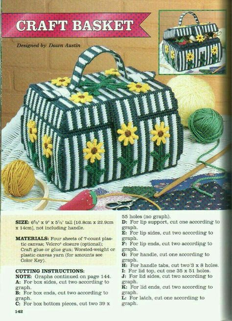 Craft Basket, Plastic Canvas Box Patterns, Sunflower Crafts, Plastic Canvas Books, Plastic Canvas Stitches, Sewing Basket, Basket Pattern, Plastic Canvas Tissue Boxes, Plastic Canvas Patterns Free