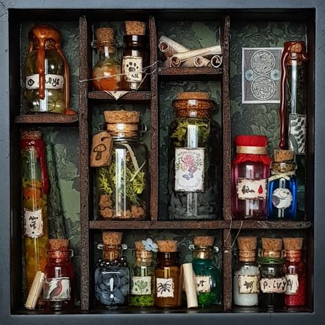 Witch Potion Shelf, Shelf Of Curiosities Diy, Diy Small Glass Bottles, Potion Bottle Display, Miniture Shelf, Miniature Shelf Diy, Tiny Potion Bottles, Mini Potion Bottles Diy, Oddity Shelf