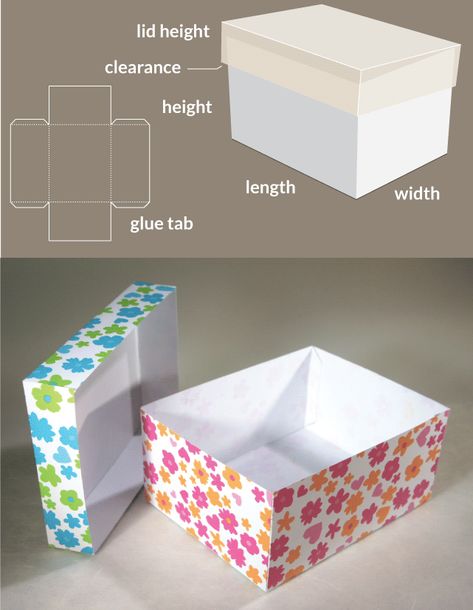 A box with a lid - a very simple template. The height of the lid and the space between the lid and the box (clearance) can be customised. How To Make A Box, Box Templates Printable Free, Treat Boxes Diy, Diy Gift Box Template, Printable Gift Bags, Box Template Printable, Easter Gift Boxes, Paper Box Diy, Scrapbook Box