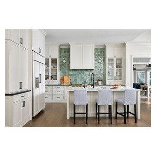 Panel Ready Refrigerator, Narrow Kitchen Island, Bright Landscape, Kitchen Transitional, Narrow Kitchen, Hampton House, Neutral Kitchen, Iron Chandelier, Zellige Tile