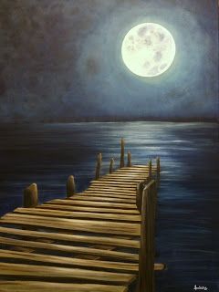 Sideways Painting Ideas, Moon Over Ocean Painting, Beach At Night Painting, Night Time Paintings, Lonely Paintings, Dock At Night, Night Art Painting, Night Acrylic Painting, Dock Art