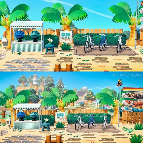 Acnh Flat Island Designs, Acnh Beach Ideas Citycore, Bike Rental Animal Crossing, Acnh Tropical Citycore, Tropical Core Acnh, Acnh Tropical City, Acnh Bike Rental, Acnh Boardwalk Design, Acnh Stall Ideas