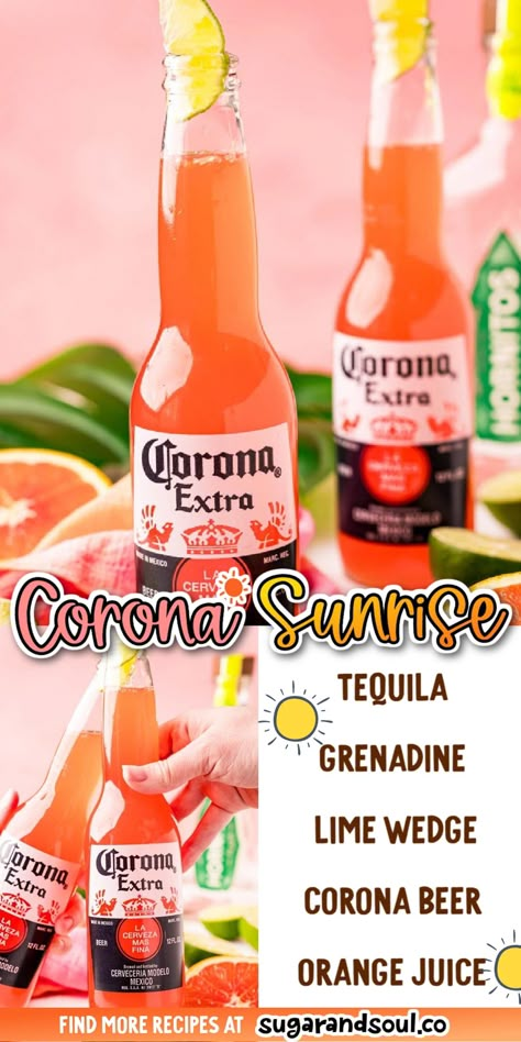 This Corona Sunrise Cocktail is a fun and easy drink recipe made right in the bottle with beer, tequila, orange juice, grenadine, and lime juice and is perfect for summer! Beer Cocktails Summer, Tequila Sunrise Coronas, Beer And Tequila Drink, Tequila And Orange Juice Drinks, Taquilla Sunrise Drink Recipe, Beer Mixed Drinks Recipes, Tequila Sunrise Recipe Corona, Corona Beer Cocktails, Cocktail Recipes Grenadine