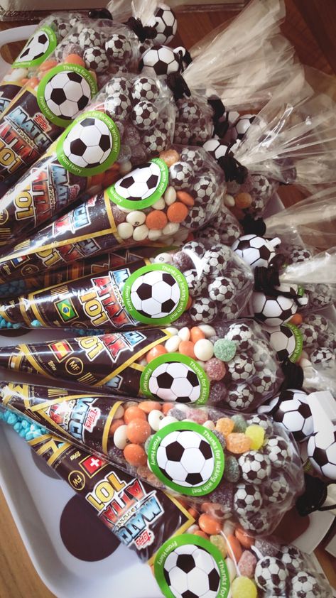 Football Sweet Cones, Millions Sweets, Party Cones, Football Themed Party, Birthday Party Treat Bags, Cone Ideas, Treat Cones, Jelly Tots, Birthday Football