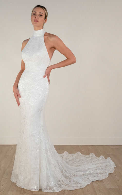 Sexy Halterneck Column Bridal Dress in Lace Lace Halter Neck Wedding Dress, Halter Neck Lace Wedding Dress, High Neck Halter Wedding Dress, Lace Halter Wedding Dress, Halter Wedding Dress Lace, Halterneck Wedding Dress, Halter Top Wedding Dress, Halter Neck Wedding Dress, Glamorous Wedding Gowns