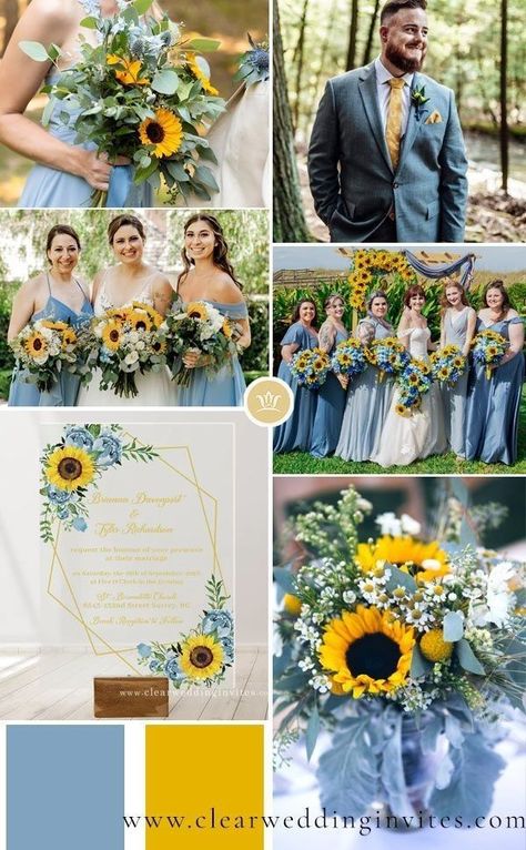 Yellow Dusty Blue Wedding, Dusty Blue Sage Green Yellow Wedding, Light Blue Sunflower Wedding, Dusty Blue Wedding With Sunflowers, Summer Wedding Sunflowers, Wedding Color Schemes Sunflowers, Dusty Blue And Yellow Wedding Theme, Dusty Blue And Sunflower Wedding, Sunflower And Blue Wedding