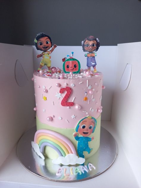 Buttercream cocomelon melon cake with edible images Pink Cocomelon Cake, Cocomelon Edible Image, Cocomelon Girl Cake, Cocomelon Cake Ideas For Girl, Cocomelon Cake For Girl, Coco Melon Cake Ideas, Cocomelon Cake Ideas, Coco Melon Cake, Children Birthday Cake