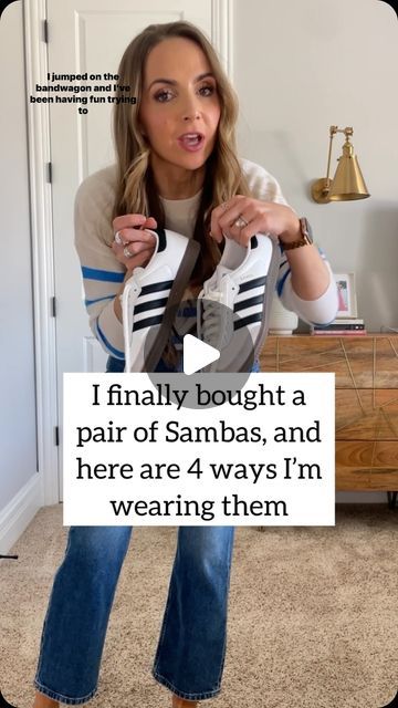 Merrick White / Style Educator on Instagram: "4 ways I’m wearing my new Adidas Sambas sneakers…I finally jumped on the bandwagon! Which outfit do you want to copy??  If you have a pair as well, and need some outfit ideas, I hope this is helpful.  Looking for links? Comment below with the word LINK and I’ll send you a DM with links to all these outfits.  Also, I know sizing is funky for the sambas, but for this pair, they fit very true to size and are VERY comfortable. No break in time required.  #4wayswithmerrick" White Shoe Outfits For Women, Samba Addidas Outfits Women, White Shoes Work Outfit, Adidas Samba Sneakers Outfit, Jeans Samba Outfit, How To Wear Adidas Sneakers, How To Wear White Sneakers Outfit Ideas, Outfits To Wear With Adidas Samba, Work Outfit Sneakers Women